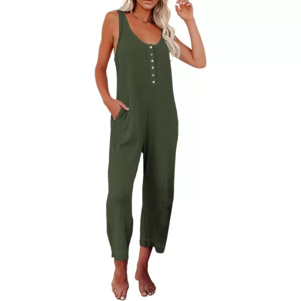 Happy Sailed Women's Casual Sleeveless Front Button Loose Jumpsuits Stretchy Long Pants Romper with Pockets