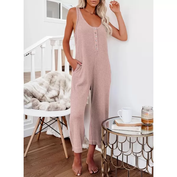 Happy Sailed Women's Casual Sleeveless Front Button Loose Jumpsuits Stretchy Long Pants Romper with Pockets