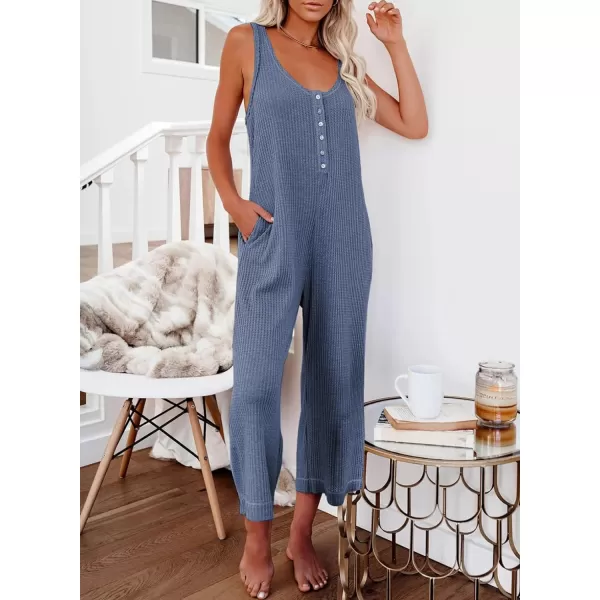 Happy Sailed Women's Casual Sleeveless Front Button Loose Jumpsuits Stretchy Long Pants Romper with Pockets