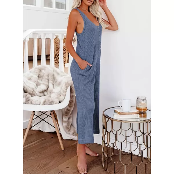 Happy Sailed Women's Casual Sleeveless Front Button Loose Jumpsuits Stretchy Long Pants Romper with Pockets