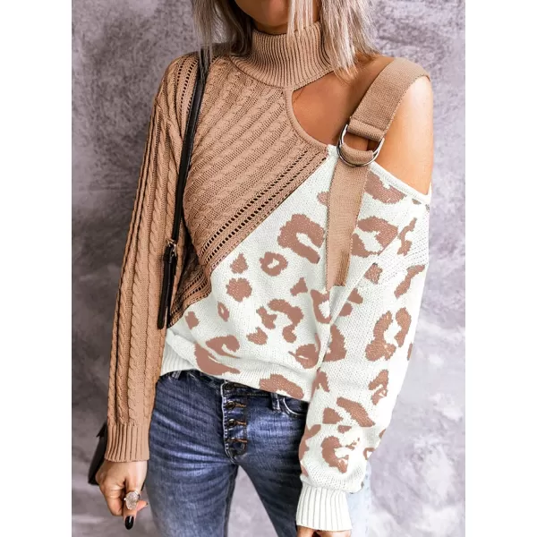 Happy Sailed Womens Cold Shoulder Sweaters High Neck Long Sleeve Oversized Knitted Jumper Pullover Sweater Tops S-2XL
