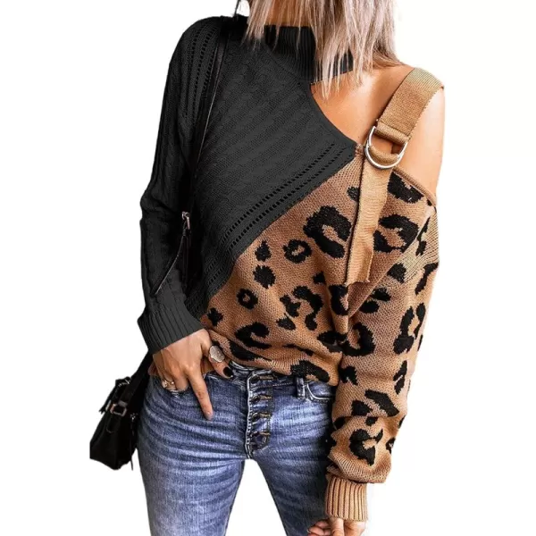 Happy Sailed Womens Cold Shoulder Sweaters High Neck Long Sleeve Oversized Knitted Jumper Pullover Sweater Tops S-2XL