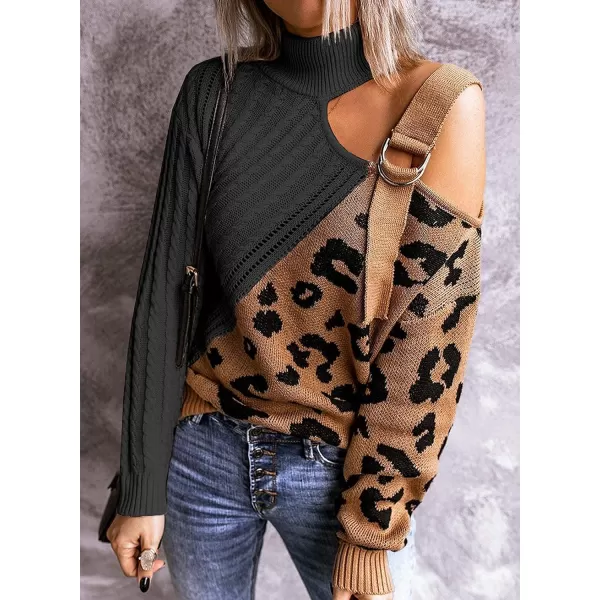Happy Sailed Womens Cold Shoulder Sweaters High Neck Long Sleeve Oversized Knitted Jumper Pullover Sweater Tops S-2XL