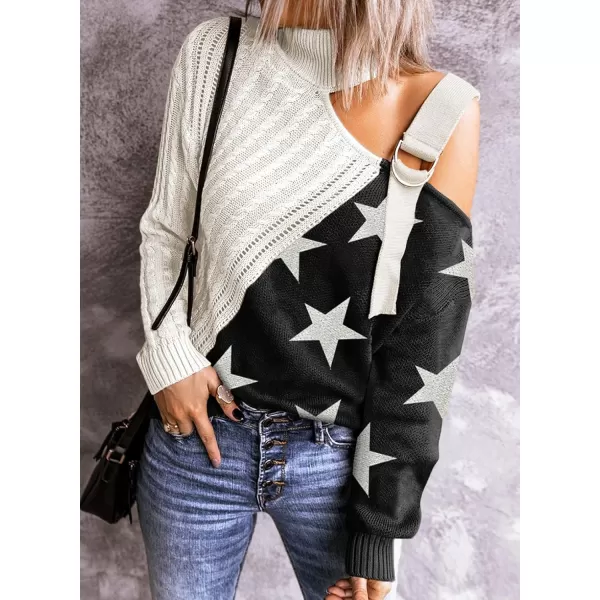 Happy Sailed Womens Cold Shoulder Sweaters High Neck Long Sleeve Oversized Knitted Jumper Pullover Sweater Tops S-2XL