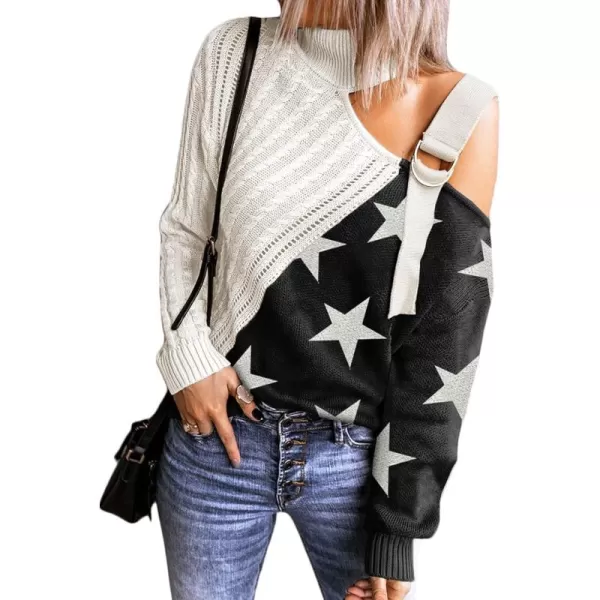 Happy Sailed Womens Cold Shoulder Sweaters High Neck Long Sleeve Oversized Knitted Jumper Pullover Sweater Tops S-2XL