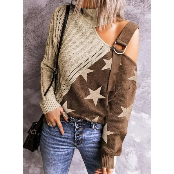 Happy Sailed Womens Cold Shoulder Sweaters High Neck Long Sleeve Oversized Knitted Jumper Pullover Sweater Tops S-2XL