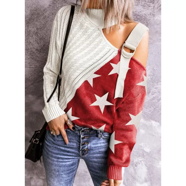 Happy Sailed Womens Cold Shoulder Sweaters High Neck Long Sleeve Oversized Knitted Jumper Pullover Sweater Tops S-2XL