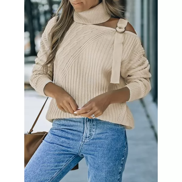 Happy Sailed Womens Cold Shoulder Sweaters High Neck Long Sleeve Oversized Knitted Jumper Pullover Sweater Tops S-2XL