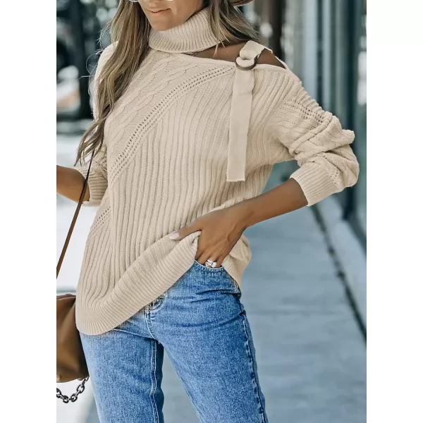 Happy Sailed Womens Cold Shoulder Sweaters High Neck Long Sleeve Oversized Knitted Jumper Pullover Sweater Tops S-2XL