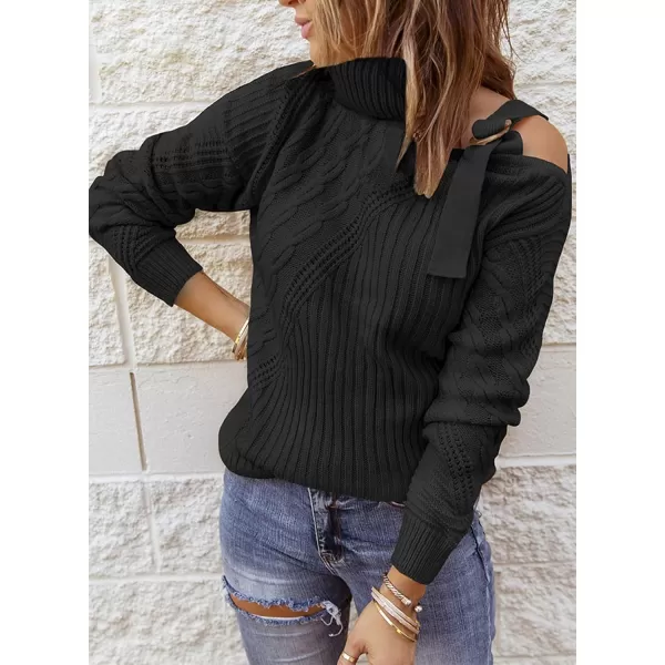 Happy Sailed Womens Cold Shoulder Sweaters High Neck Long Sleeve Oversized Knitted Jumper Pullover Sweater Tops S-2XL