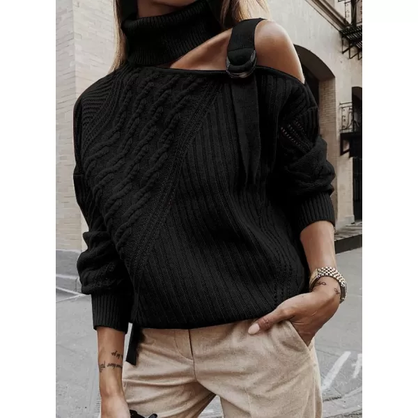 Happy Sailed Womens Cold Shoulder Sweaters High Neck Long Sleeve Oversized Knitted Jumper Pullover Sweater Tops S-2XL