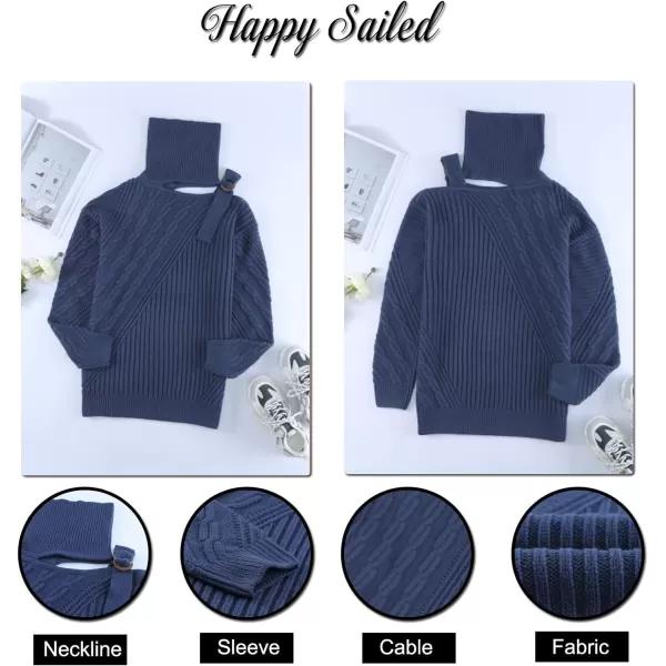 Happy Sailed Womens Cold Shoulder Sweaters High Neck Long Sleeve Oversized Knitted Jumper Pullover Sweater Tops S-2XL