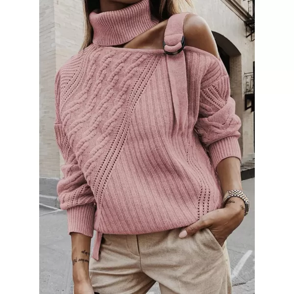 Happy Sailed Womens Cold Shoulder Sweaters High Neck Long Sleeve Oversized Knitted Jumper Pullover Sweater Tops S-2XL