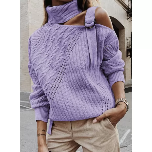 Happy Sailed Womens Cold Shoulder Sweaters High Neck Long Sleeve Oversized Knitted Jumper Pullover Sweater Tops S-2XL