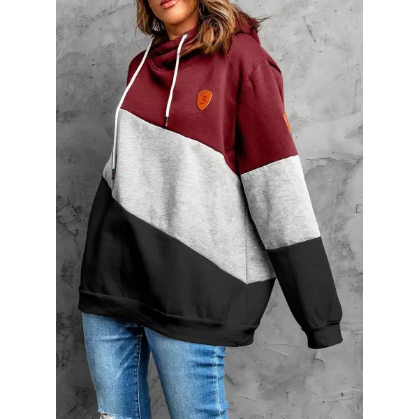 Happy Sailed Womens Cowl Neck Pullover Hoodie Casual Color Block Long Sleeve Drawstring Sweatshirt Jumper Tunic Tops S-2XL