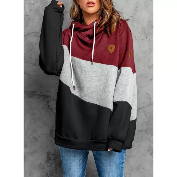 Happy Sailed Womens Cowl Neck Pullover Hoodie Casual Color Block Long Sleeve Drawstring Sweatshirt Jumper Tunic Tops S-2XL