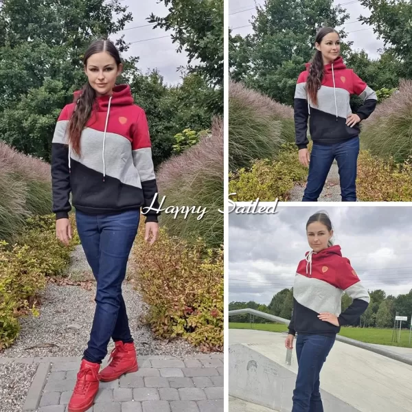 Happy Sailed Womens Cowl Neck Pullover Hoodie Casual Color Block Long Sleeve Drawstring Sweatshirt Jumper Tunic Tops S-2XL