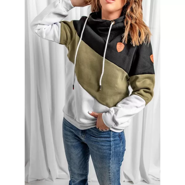 Happy Sailed Womens Cowl Neck Pullover Hoodie Casual Color Block Long Sleeve Drawstring Sweatshirt Jumper Tunic Tops S-2XL
