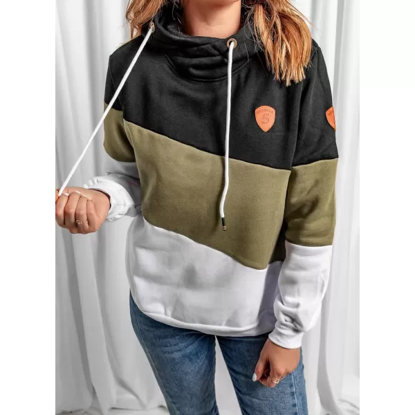 Happy Sailed Womens Cowl Neck Pullover Hoodie Casual Color Block Long Sleeve Drawstring Sweatshirt Jumper Tunic Tops S-2XL
