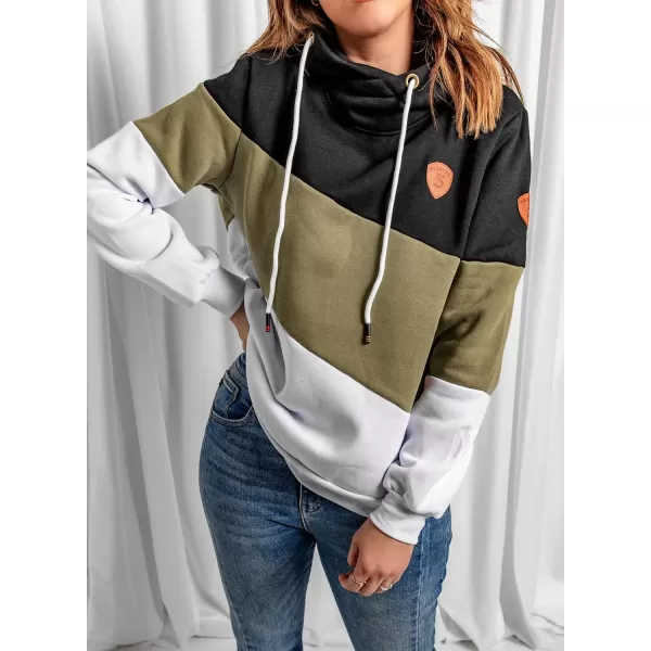 Happy Sailed Womens Cowl Neck Pullover Hoodie Casual Color Block Long Sleeve Drawstring Sweatshirt Jumper Tunic Tops S-2XL
