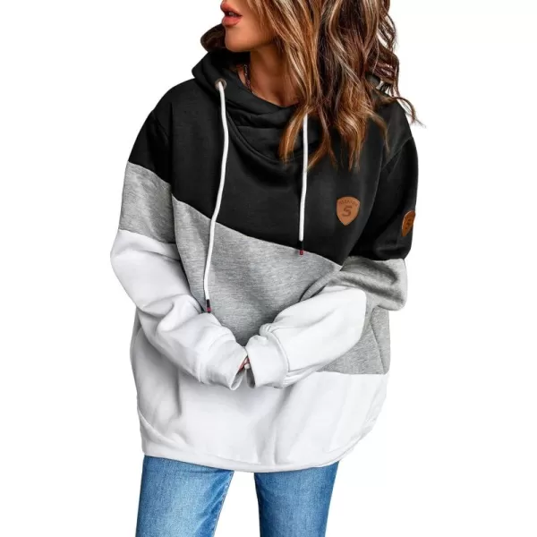 Happy Sailed Womens Cowl Neck Pullover Hoodie Casual Color Block Long Sleeve Drawstring Sweatshirt Jumper Tunic Tops S-2XL