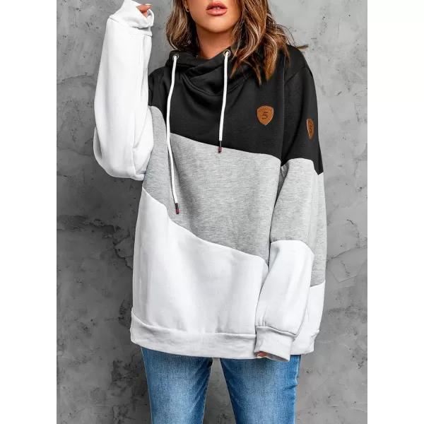 Happy Sailed Womens Cowl Neck Pullover Hoodie Casual Color Block Long Sleeve Drawstring Sweatshirt Jumper Tunic Tops S-2XL