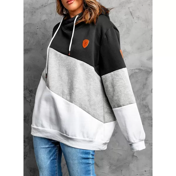 Happy Sailed Womens Cowl Neck Pullover Hoodie Casual Color Block Long Sleeve Drawstring Sweatshirt Jumper Tunic Tops S-2XL
