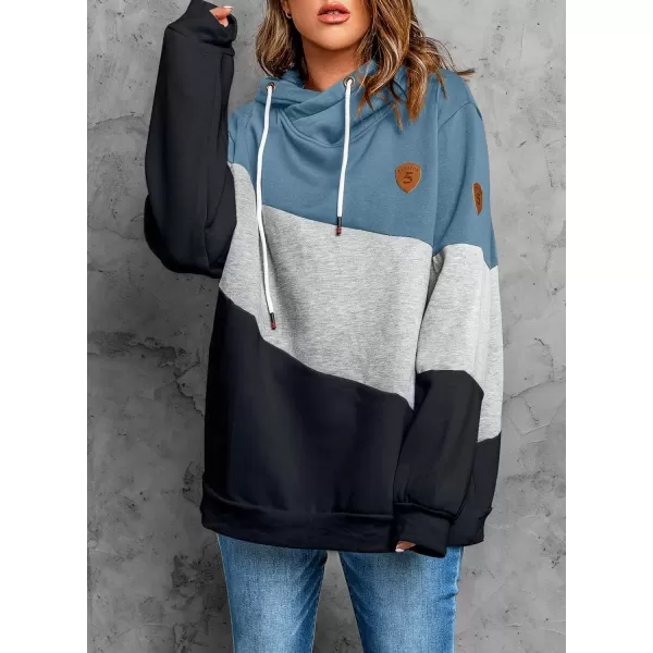 Happy Sailed Womens Cowl Neck Pullover Hoodie Casual Color Block Long Sleeve Drawstring Sweatshirt Jumper Tunic Tops S-2XL