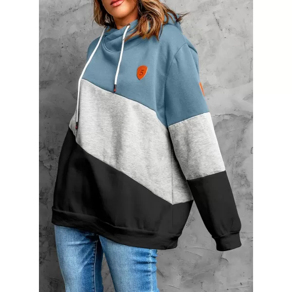 Happy Sailed Womens Cowl Neck Pullover Hoodie Casual Color Block Long Sleeve Drawstring Sweatshirt Jumper Tunic Tops S-2XL