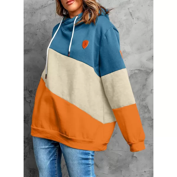 Happy Sailed Womens Cowl Neck Pullover Hoodie Casual Color Block Long Sleeve Drawstring Sweatshirt Jumper Tunic Tops S-2XL