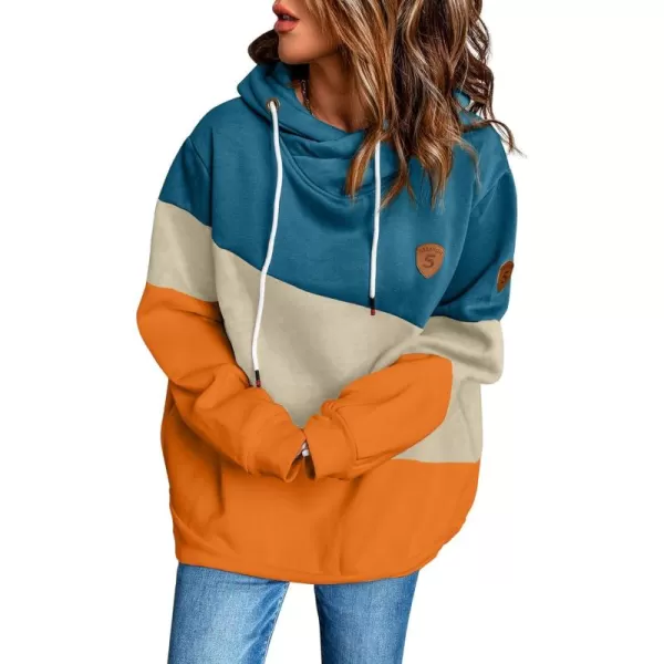 Happy Sailed Womens Cowl Neck Pullover Hoodie Casual Color Block Long Sleeve Drawstring Sweatshirt Jumper Tunic Tops S-2XL