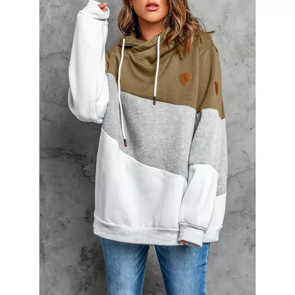 Happy Sailed Womens Cowl Neck Pullover Hoodie Casual Color Block Long Sleeve Drawstring Sweatshirt Jumper Tunic Tops S-2XL