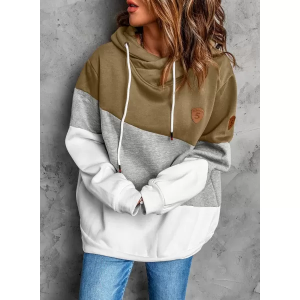 Happy Sailed Womens Cowl Neck Pullover Hoodie Casual Color Block Long Sleeve Drawstring Sweatshirt Jumper Tunic Tops S-2XL