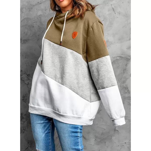 Happy Sailed Womens Cowl Neck Pullover Hoodie Casual Color Block Long Sleeve Drawstring Sweatshirt Jumper Tunic Tops S-2XL