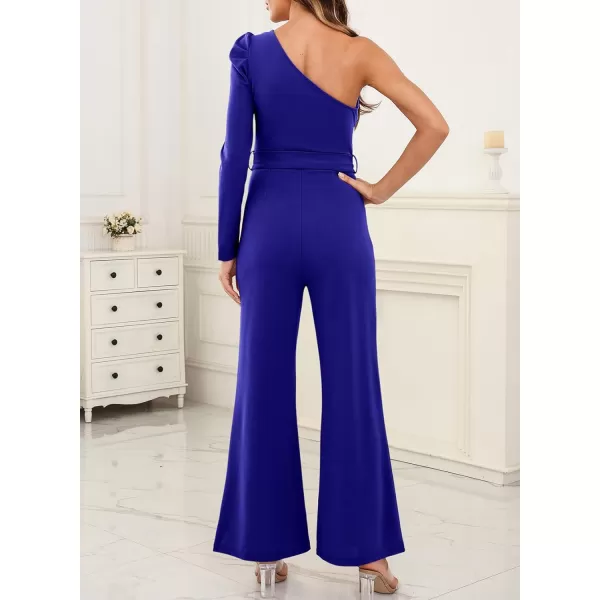 Happy Sailed Womens Dressy Jumpsuits Fall Fashion Trends One Shoulder Puff Sleeve Waist Belted Wide Leg Pant Romper Jumpsuit