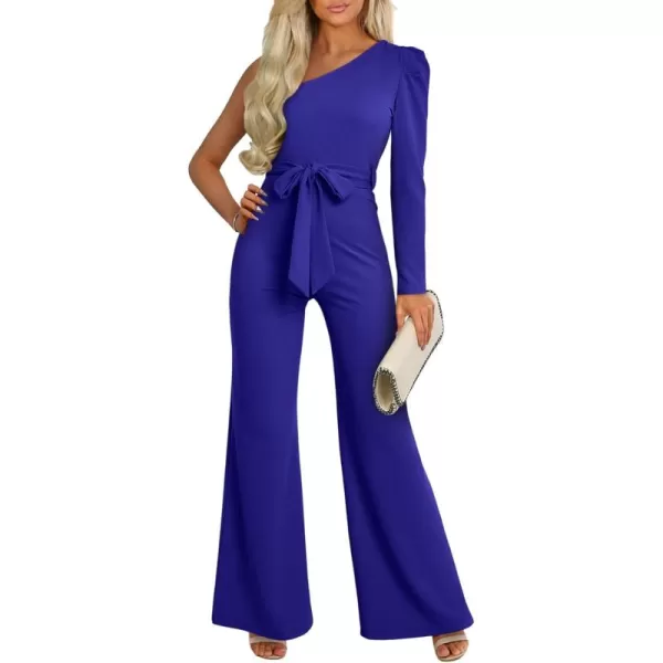 Happy Sailed Womens Dressy Jumpsuits Fall Fashion Trends One Shoulder Puff Sleeve Waist Belted Wide Leg Pant Romper Jumpsuit