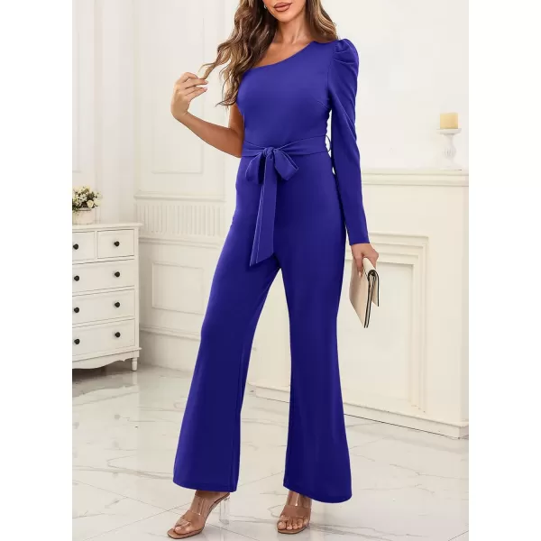 Happy Sailed Womens Dressy Jumpsuits Fall Fashion Trends One Shoulder Puff Sleeve Waist Belted Wide Leg Pant Romper Jumpsuit
