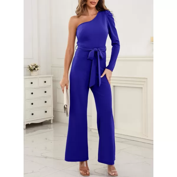 Happy Sailed Womens Dressy Jumpsuits Fall Fashion Trends One Shoulder Puff Sleeve Waist Belted Wide Leg Pant Romper Jumpsuit