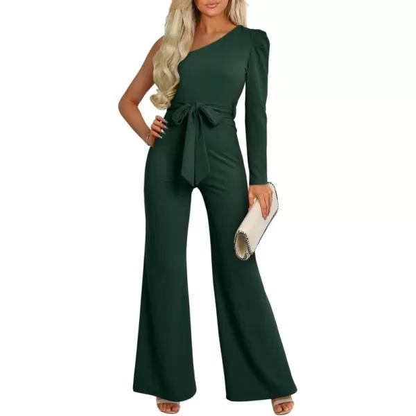 Happy Sailed Womens Dressy Jumpsuits Fall Fashion Trends One Shoulder Puff Sleeve Waist Belted Wide Leg Pant Romper Jumpsuit