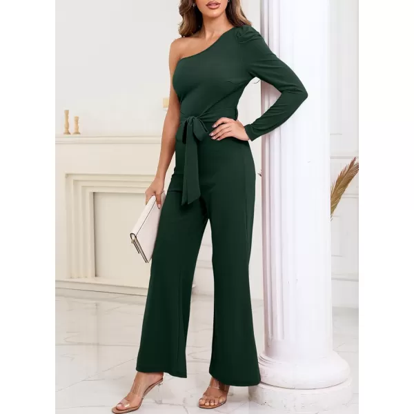 Happy Sailed Womens Dressy Jumpsuits Fall Fashion Trends One Shoulder Puff Sleeve Waist Belted Wide Leg Pant Romper Jumpsuit
