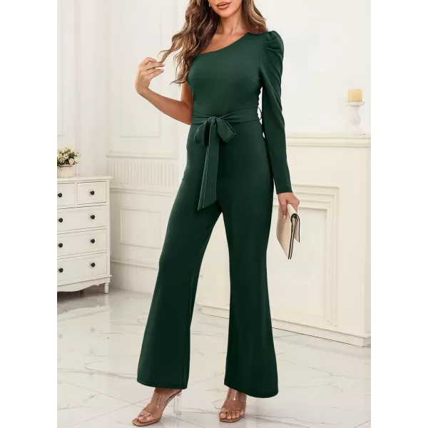 Happy Sailed Womens Dressy Jumpsuits Fall Fashion Trends One Shoulder Puff Sleeve Waist Belted Wide Leg Pant Romper Jumpsuit