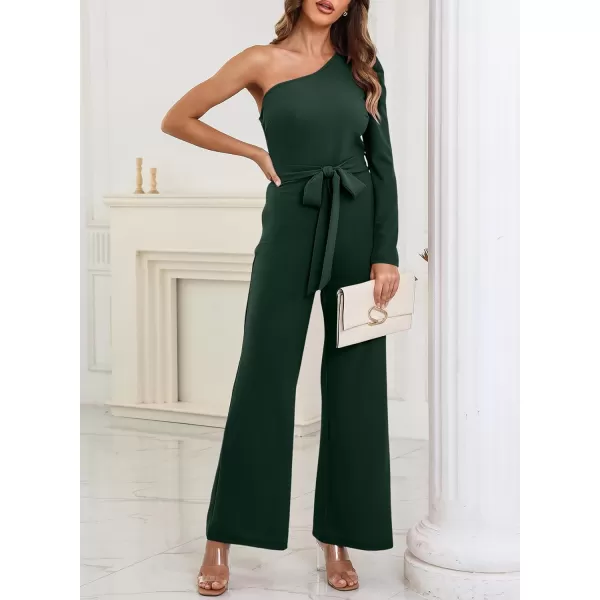 Happy Sailed Womens Dressy Jumpsuits Fall Fashion Trends One Shoulder Puff Sleeve Waist Belted Wide Leg Pant Romper Jumpsuit