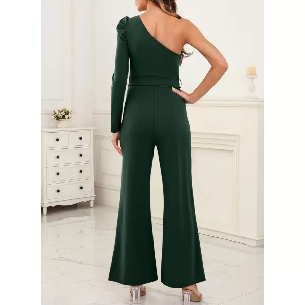 Happy Sailed Womens Dressy Jumpsuits Fall Fashion Trends One Shoulder Puff Sleeve Waist Belted Wide Leg Pant Romper Jumpsuit