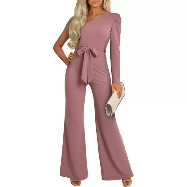 Happy Sailed Womens Dressy Jumpsuits Fall Fashion Trends One Shoulder Puff Sleeve Waist Belted Wide Leg Pant Romper Jumpsuit