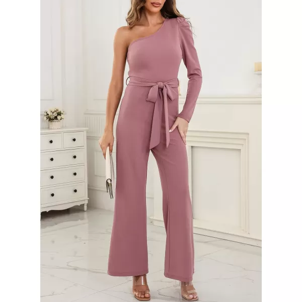 Happy Sailed Womens Dressy Jumpsuits Fall Fashion Trends One Shoulder Puff Sleeve Waist Belted Wide Leg Pant Romper Jumpsuit