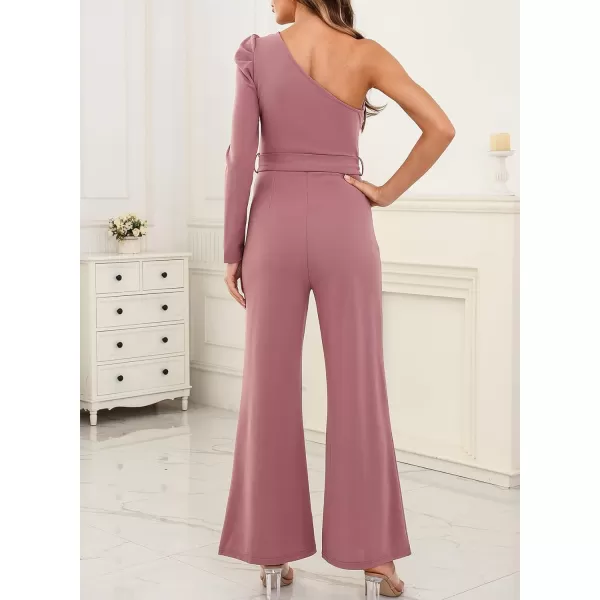Happy Sailed Womens Dressy Jumpsuits Fall Fashion Trends One Shoulder Puff Sleeve Waist Belted Wide Leg Pant Romper Jumpsuit
