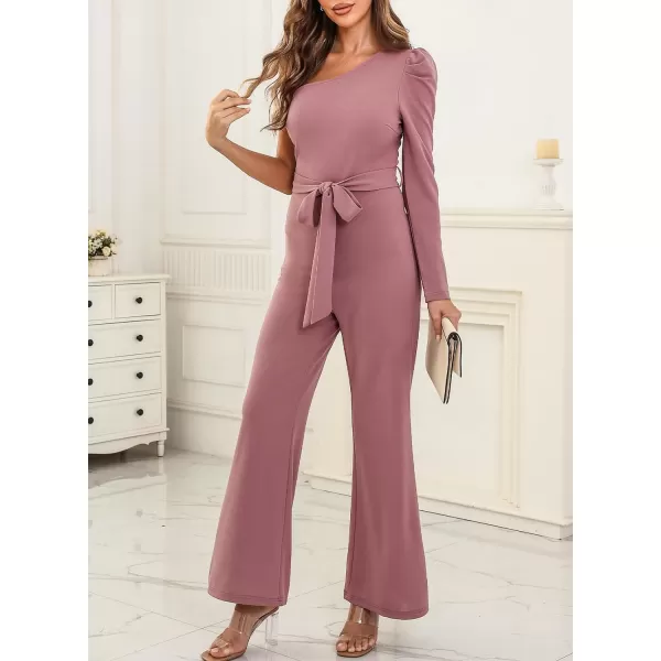 Happy Sailed Womens Dressy Jumpsuits Fall Fashion Trends One Shoulder Puff Sleeve Waist Belted Wide Leg Pant Romper Jumpsuit
