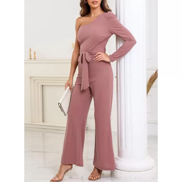 Happy Sailed Womens Dressy Jumpsuits Fall Fashion Trends One Shoulder Puff Sleeve Waist Belted Wide Leg Pant Romper Jumpsuit