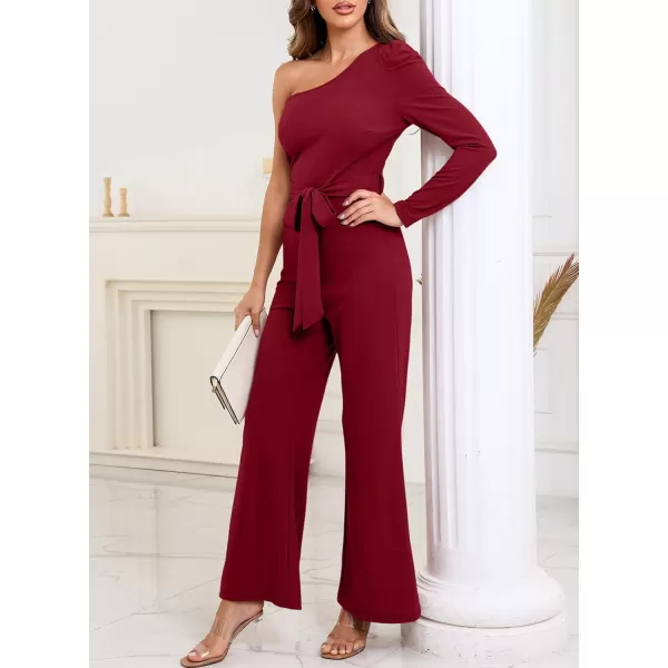 Happy Sailed Womens Dressy Jumpsuits Fall Fashion Trends One Shoulder Puff Sleeve Waist Belted Wide Leg Pant Romper Jumpsuit
