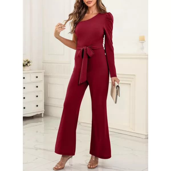 Happy Sailed Womens Dressy Jumpsuits Fall Fashion Trends One Shoulder Puff Sleeve Waist Belted Wide Leg Pant Romper Jumpsuit